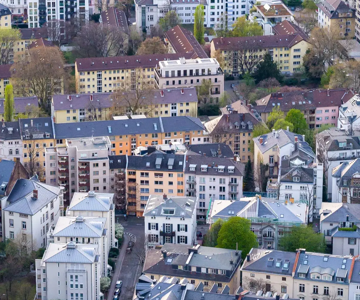 Aerial view of a dense residential city district