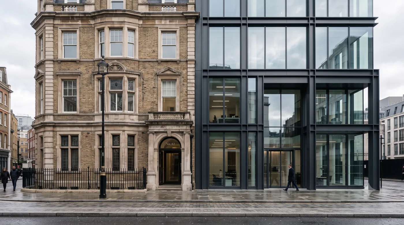 Period and modern commercial buildings side by side