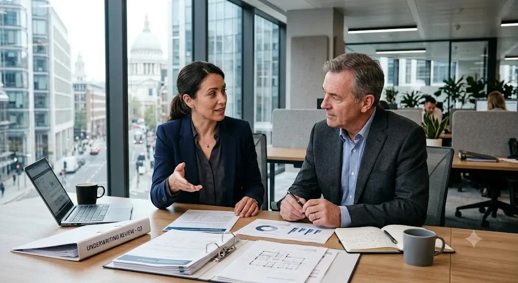 Underwriters discussing a property risk in an office meeting