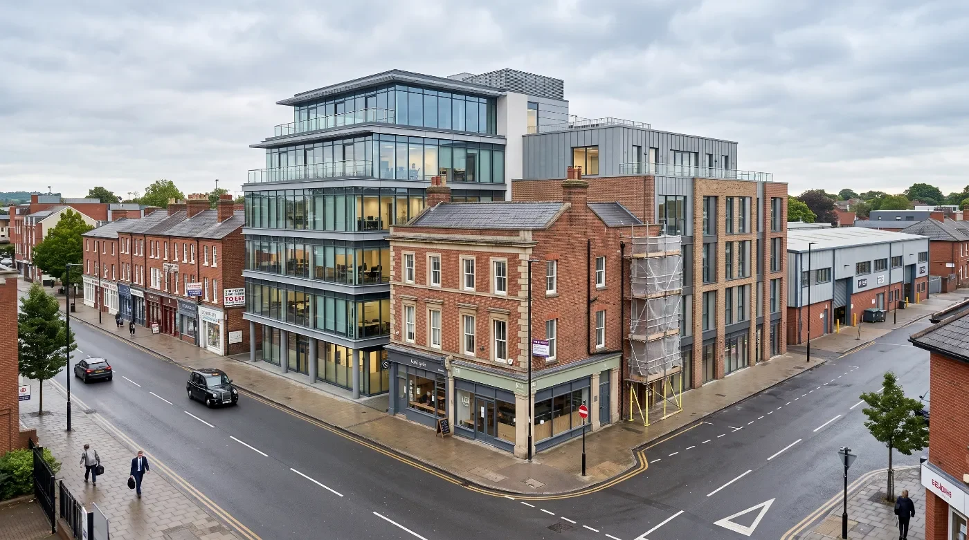 Modern commercial office building on a city street corner