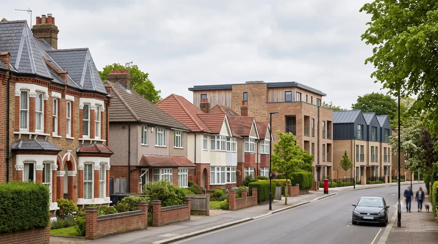 Residential street with houses and apartments